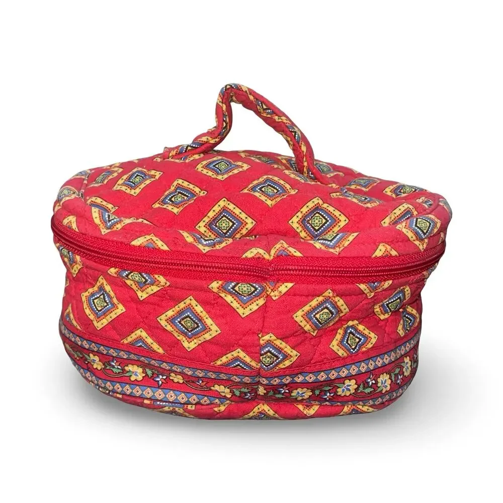 Vera Bradley Round Train Case Villa Red Quilted Cotton Makeup Cosmetic Bag VTG